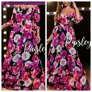 Floral Chiffon Ruffle Hem Maxi Dress with Cutout